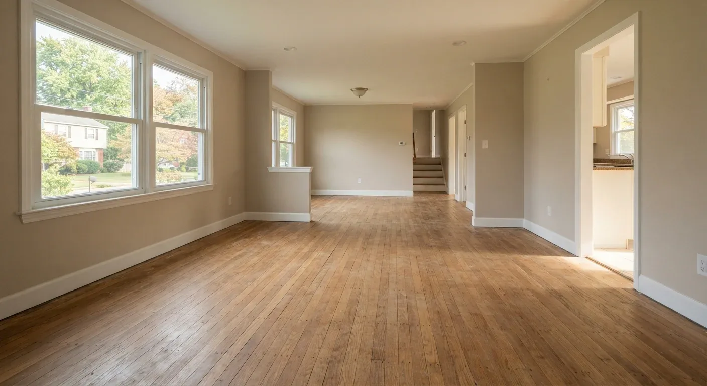 Empty living room with newly installed wood-look plank flooring, fresh baseboards and bright windows