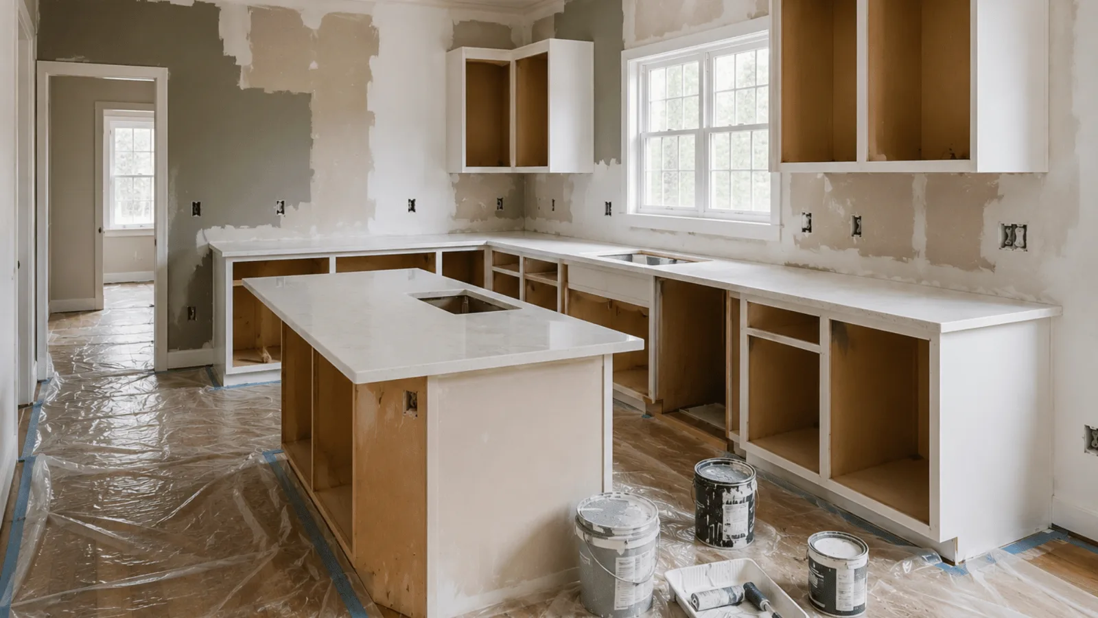 Kitchen mid-remodel with new cabinets and countertops installed, unpainted patched walls, floor protection and paint supplies