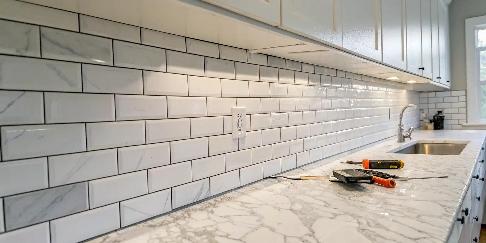 Freshly installed white subway tile backsplash with a grout float resting on the countertop below