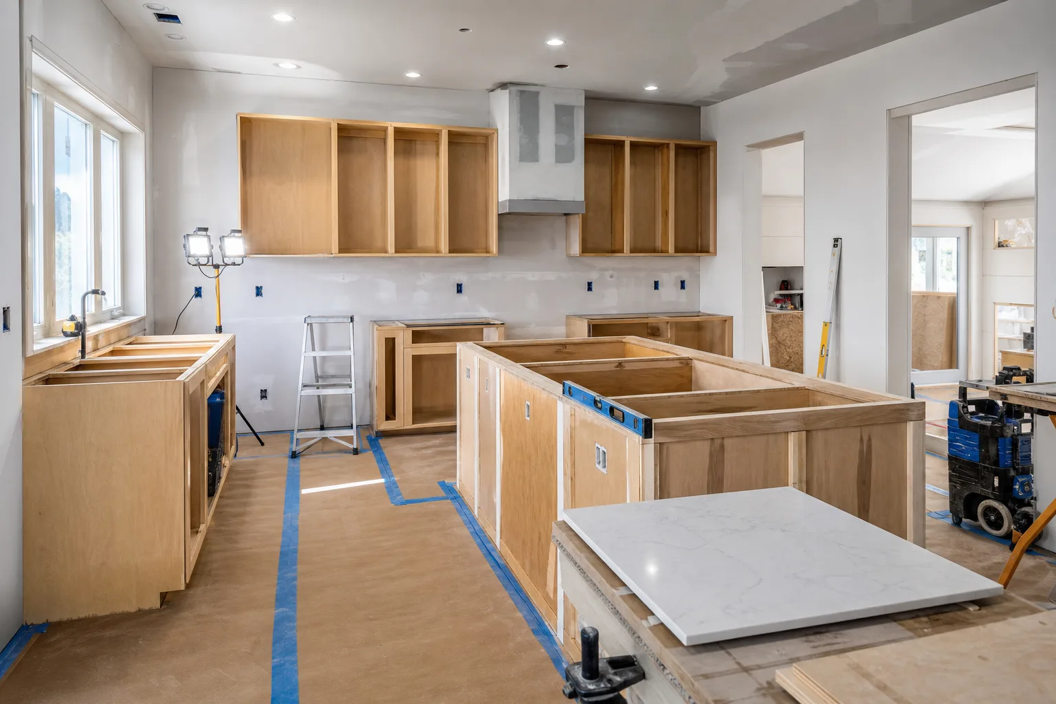 New kitchen cabinet boxes installed with plywood counters, a stone slab waiting on the floor and a ladder mid-job