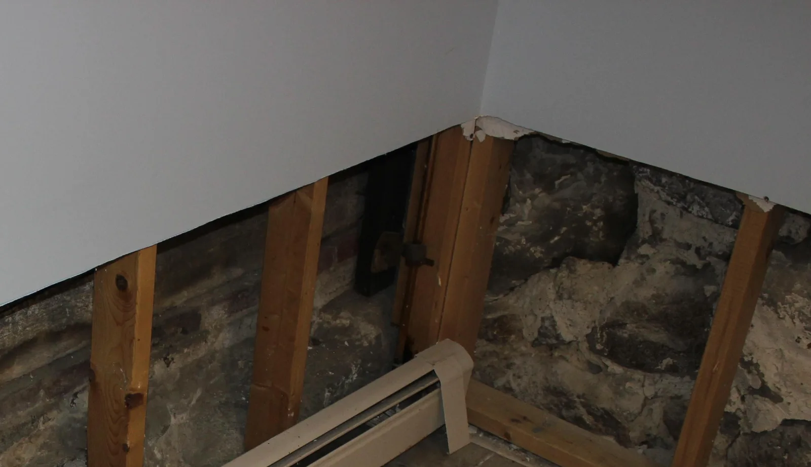 Water-damaged drywall cut away along a wall, exposing the studs and damp masonry behind it